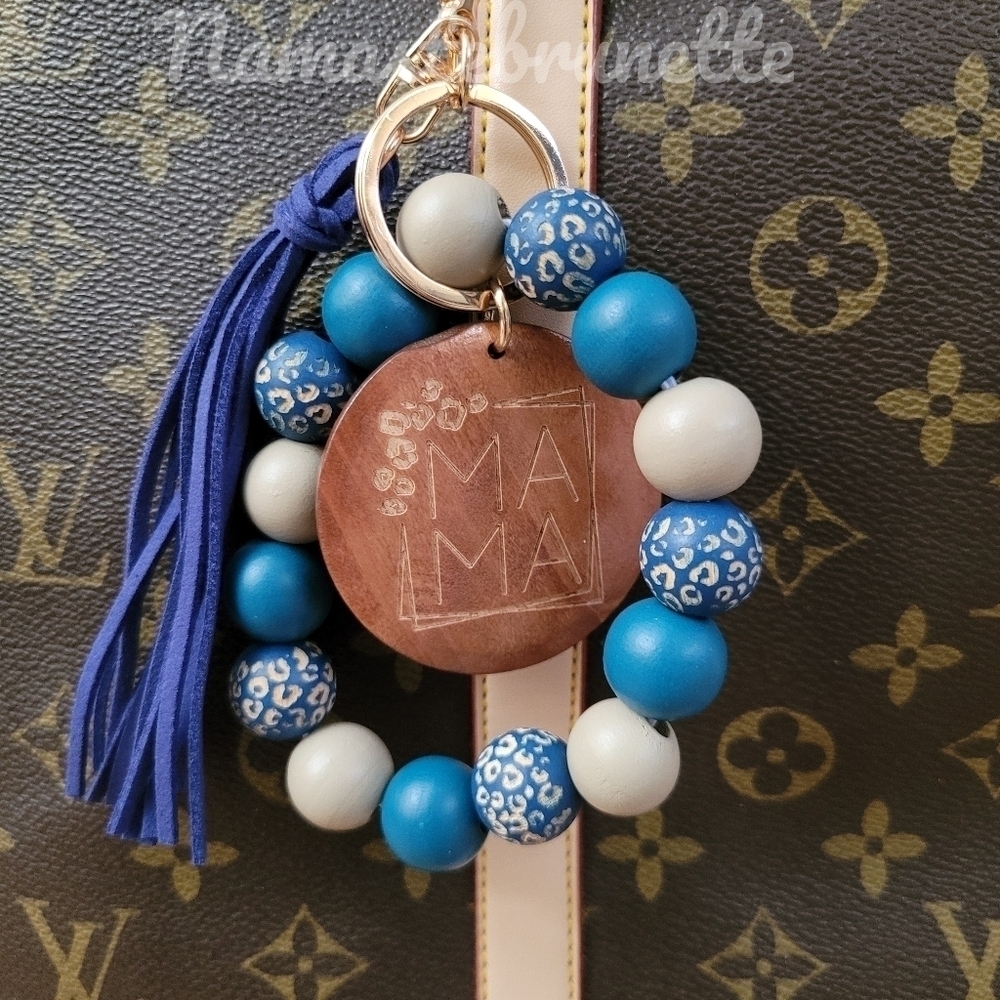 Wooden Beaded Mama Keychain Bag Charm With Blue Tassel